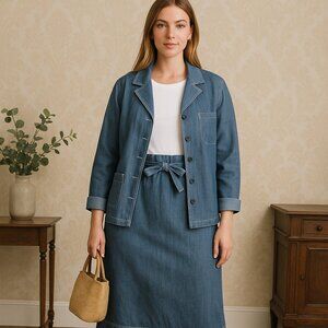 Doncaster Sz 10 Blue Chambray Linen Jacket and Faux Wrap Skirt Set